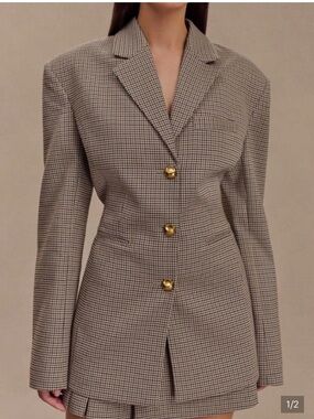 Meshki Tan and Brown Houndstooth Tailored Blazer with Gold Buttons